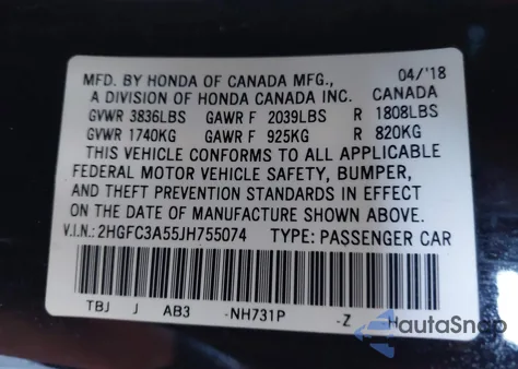 2018 Honda Civic Si from USA, damaged, VIN 2HGFC3A55JH755074